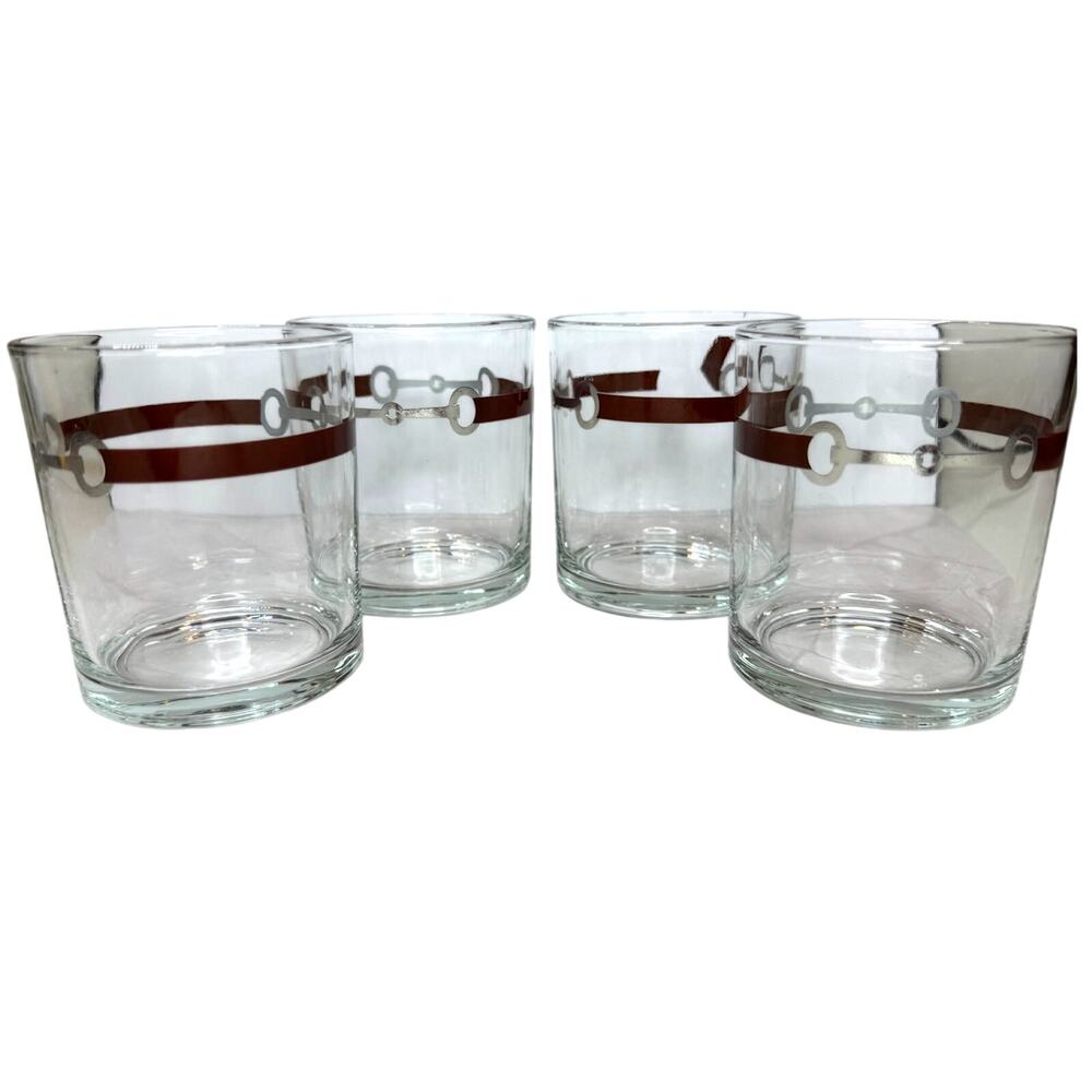 Equestrian Double Old Fashioned Glasses Brown Leather Silver Snaffle Bits